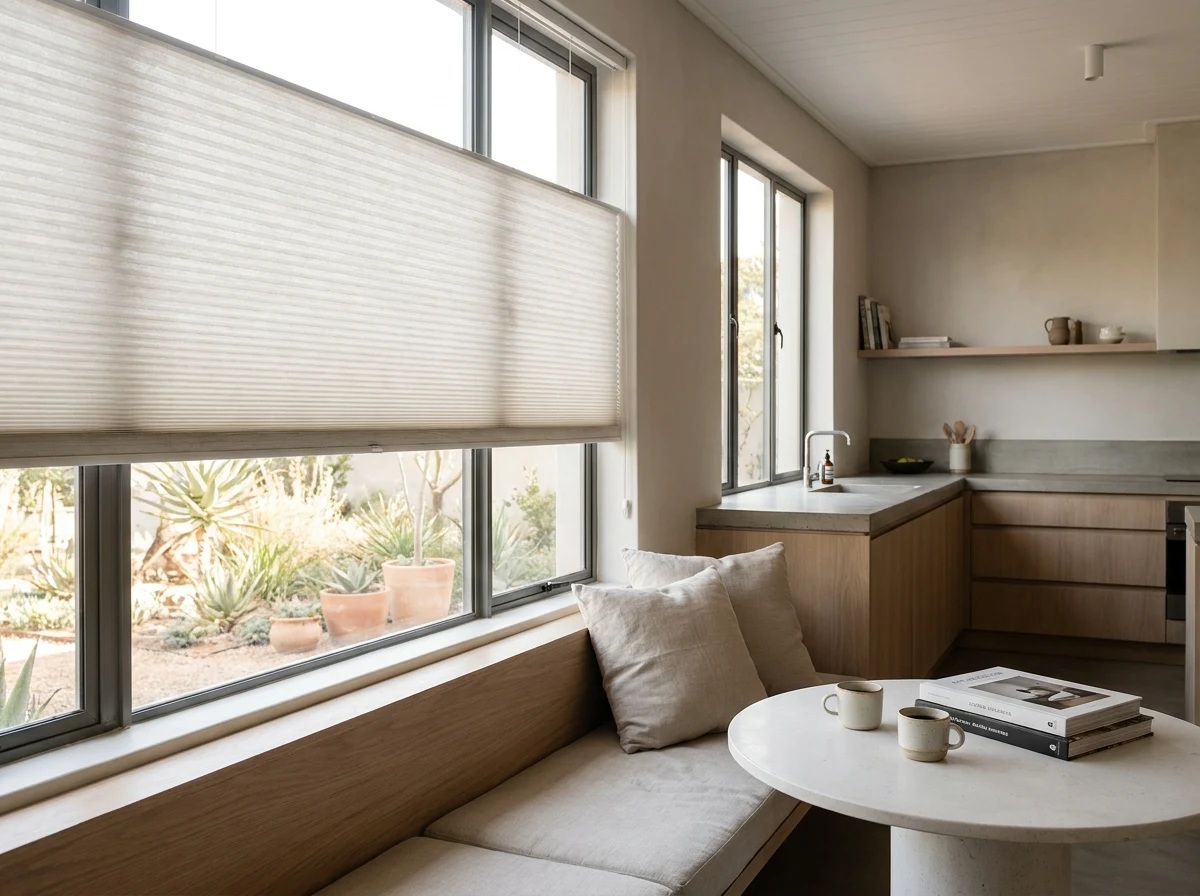 Cellular honeycomb blind in a bright kitchen window nook, pale fabric lowered halfway