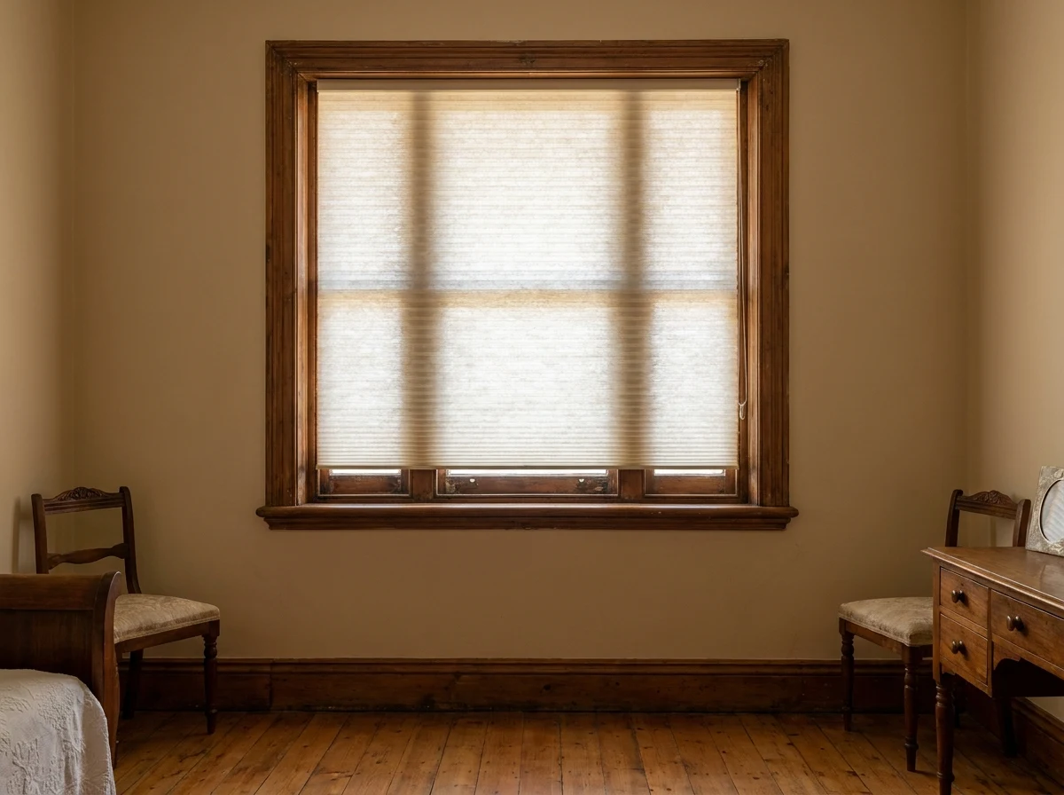 Cellular honeycomb blind fitted to an original single-glazed timber-framed window in a heritage-style Waterkloof home