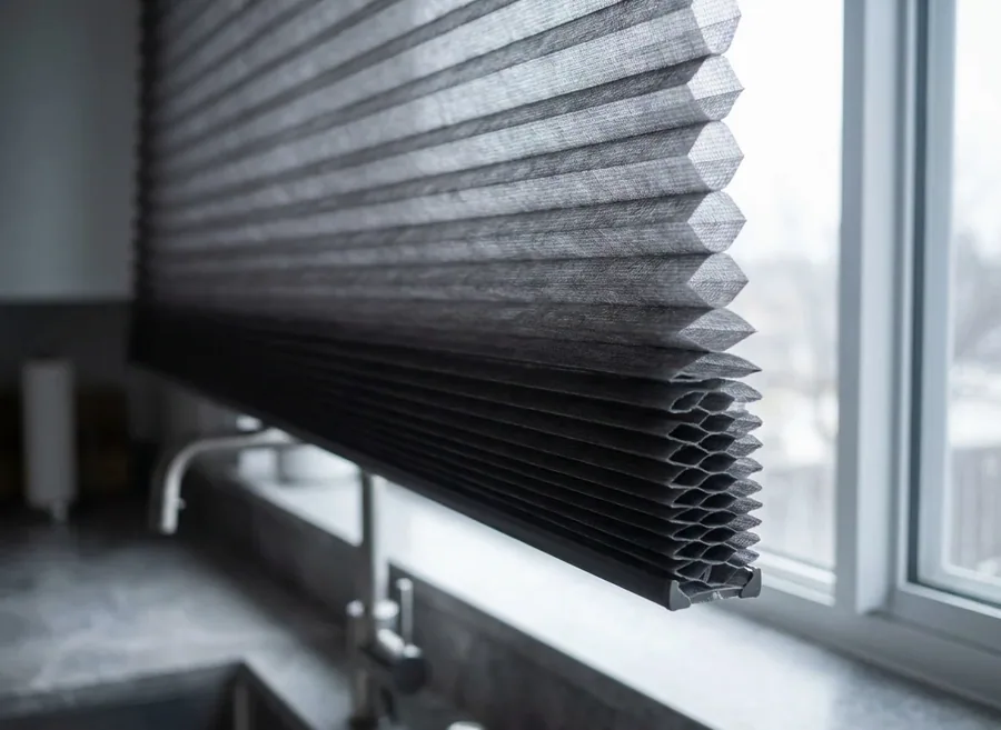Cellular honeycomb blind seen in profile at the window, the hexagonal air cells clearly visible through the pleated fabric