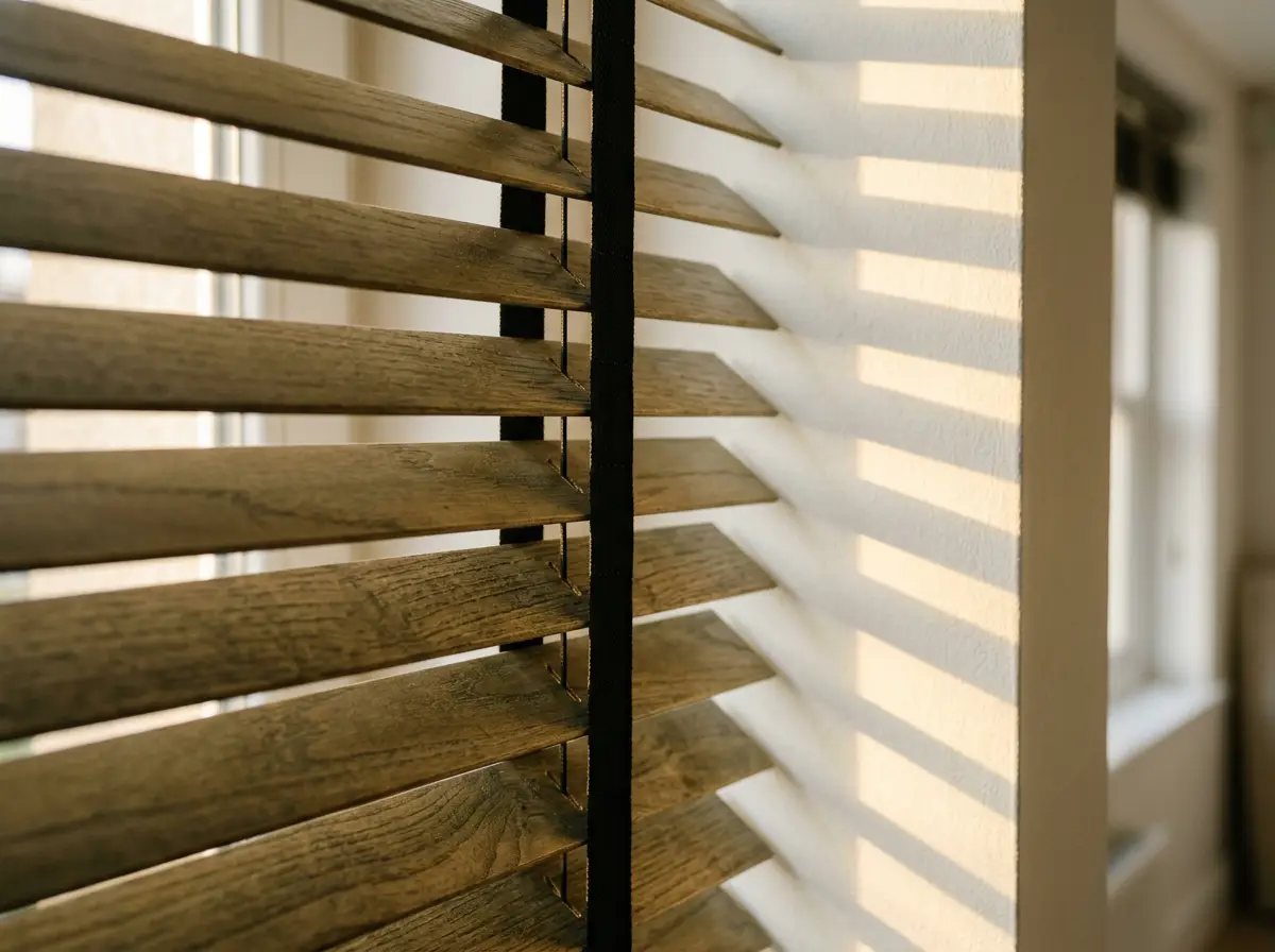 Close-up of timber venetian slats tilted to throw daylight up onto the wall