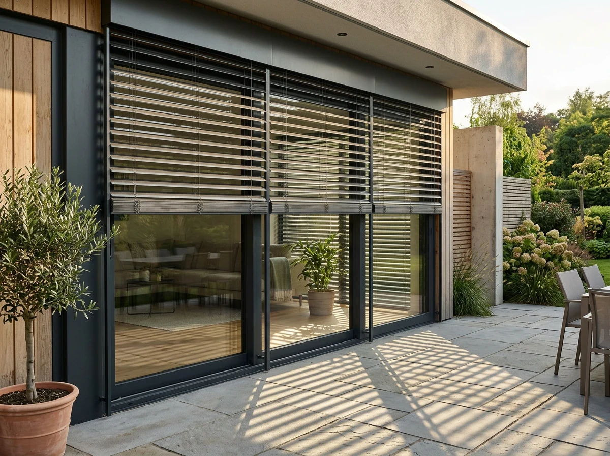 External venetian blinds mounted outside sliding doors to a patio, wide slats tilted half-open