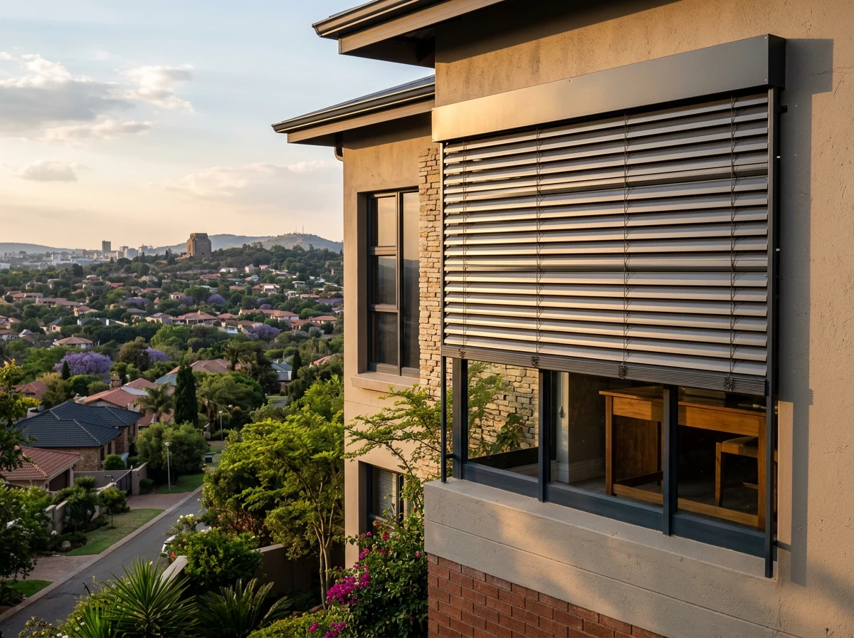 External venetian blind lowered over an upper-storey home office window, wide slats catching late sun