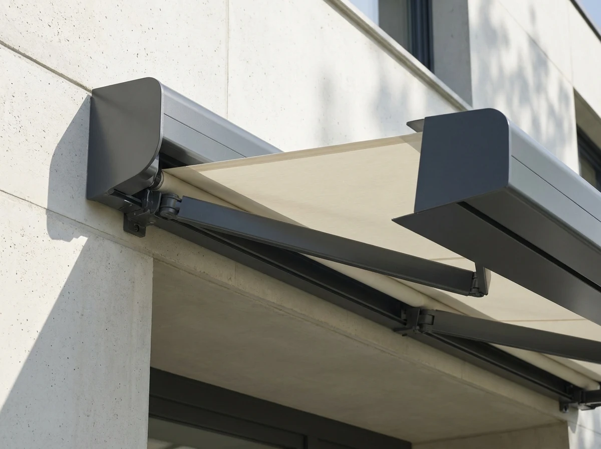 Close-up of a folding-arm awning's spring-tensioned arm and headbox mounted on an exterior wall