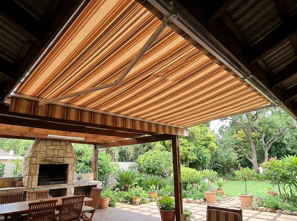 Folding-arm awning fully extended over a braai and entertaining area, garden visible beyond
