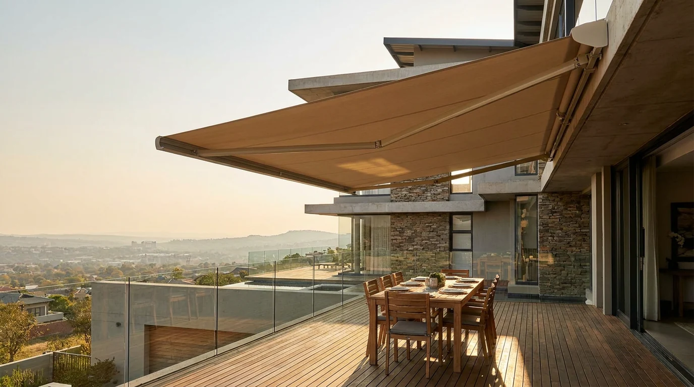 A folding-arm awning extended over a ridge-top entertaining deck with a set table beneath, the Pretoria valley falling away toward the city in late-afternoon light, no posts in the sightline