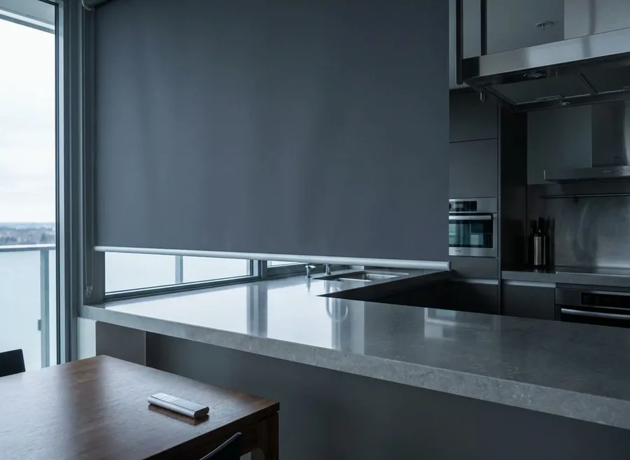 Motorised roller blind lowered over a kitchen window with the handheld remote on the table
